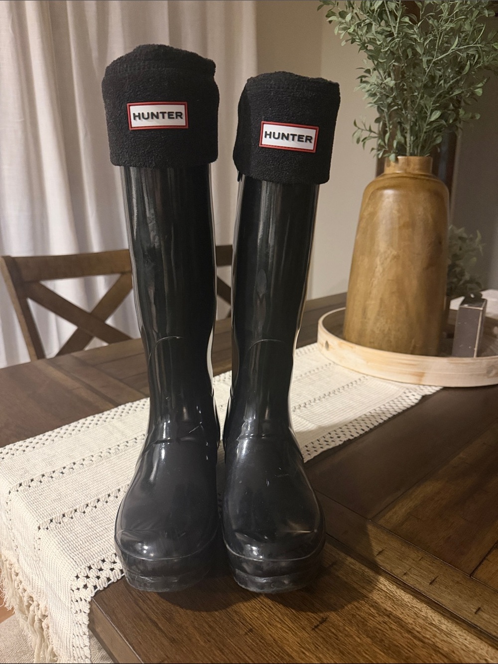 Hunter Gloss Black Tall Rain Boots with Fleece Cuffs